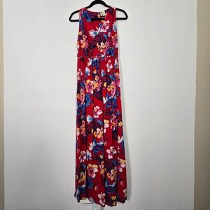Japna Floral Maxi Dress Womens Medium Red Tropical Smocked‎ Back Boho Summer